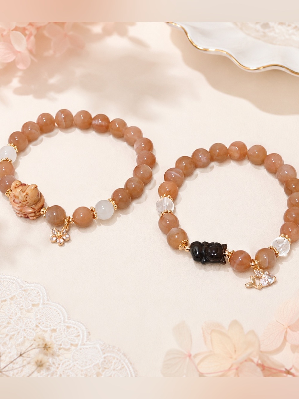 Cute animals charm options with nature orange moonstone | Handmade bracelet 9mm